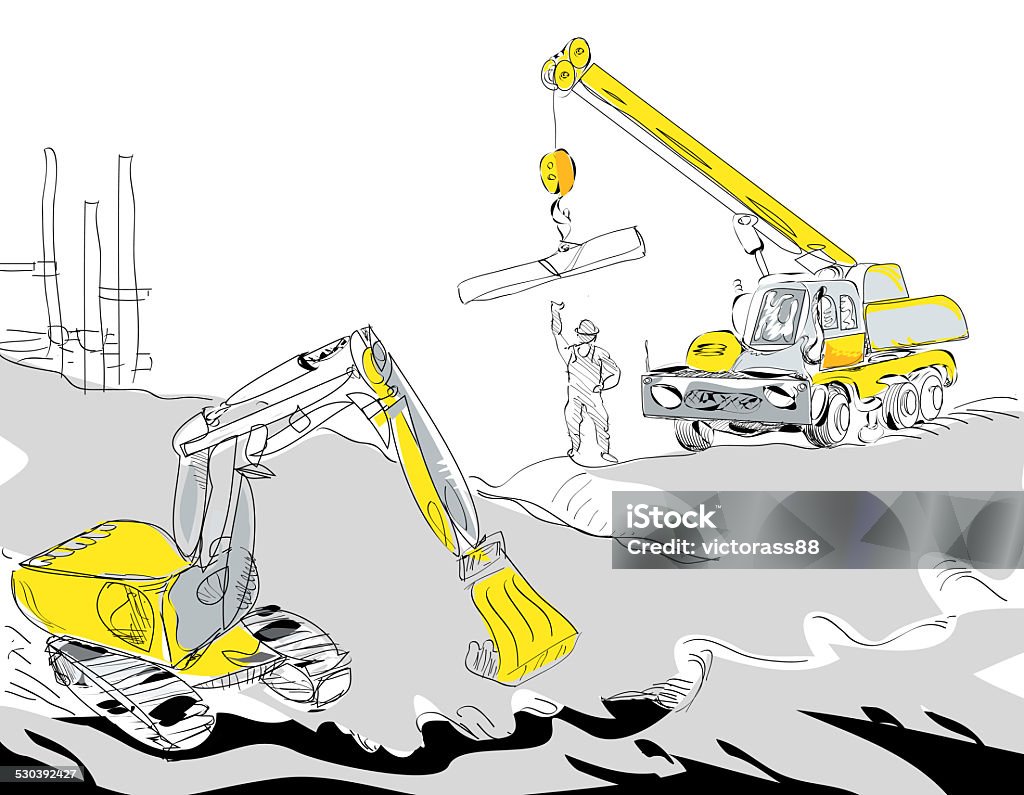 Excavator and Crane Hand drawn illustration of a hydraulic excavator and mobile crane working, construction concept Backgrounds stock illustration