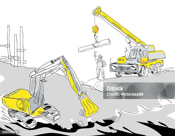 Excavator And Crane Stock Illustration - Download Image Now - Backgrounds, Backhoe, Blue-collar Worker