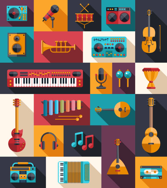 illustrazioni stock, clip art, cartoni animati e icone di tendenza di set di moderno design piatto strumenti musicali e musica strumenti - brass instrument retro revival old fashioned part of