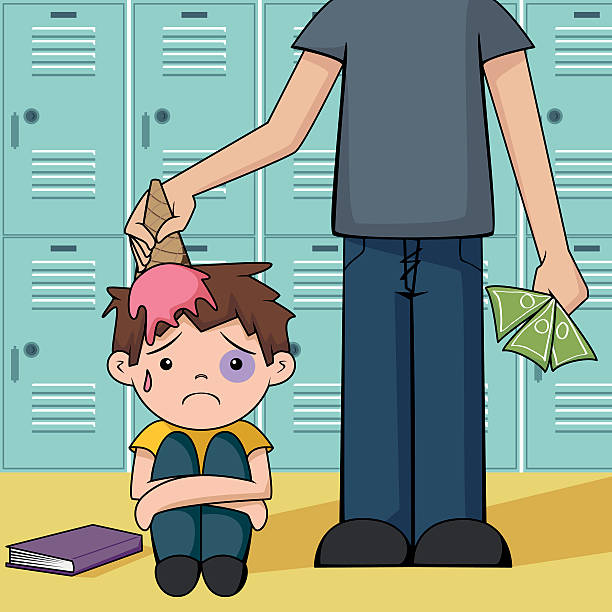 Bullying Child being bullied in school, vector illustration, school lockers background. stealing ice cream stock illustrations