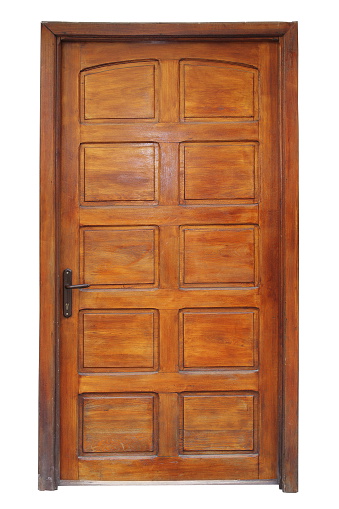 old wooden door with frame, isolation on white background for your architectural design