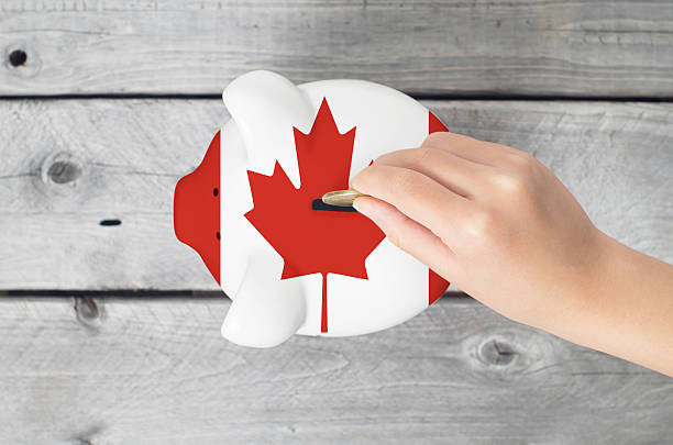 Canada saving concept Canada saving concept with little hand dropping a coin into piggy bank overlaid with Canadian flag canadian coin stock pictures, royalty-free photos & images