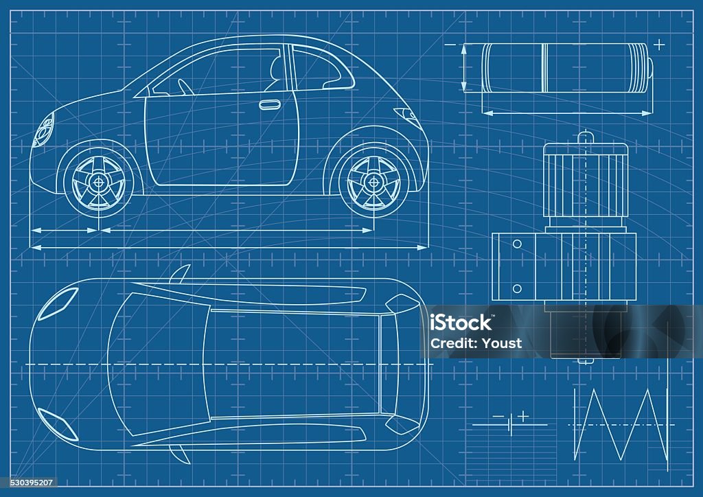 Vector Eco Car Blueprint Blueprint Background with Electric Car.  Car stock vector