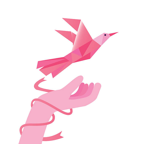 istock Geometric pink bird with hand and pink ribbon. 530400773