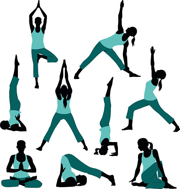 Silhouettes of Yoga Postures All images are placed on separate layers. They can be removed or altered if you need to. No gradients were used. No transparencies.  yoga illustrations stock illustrations