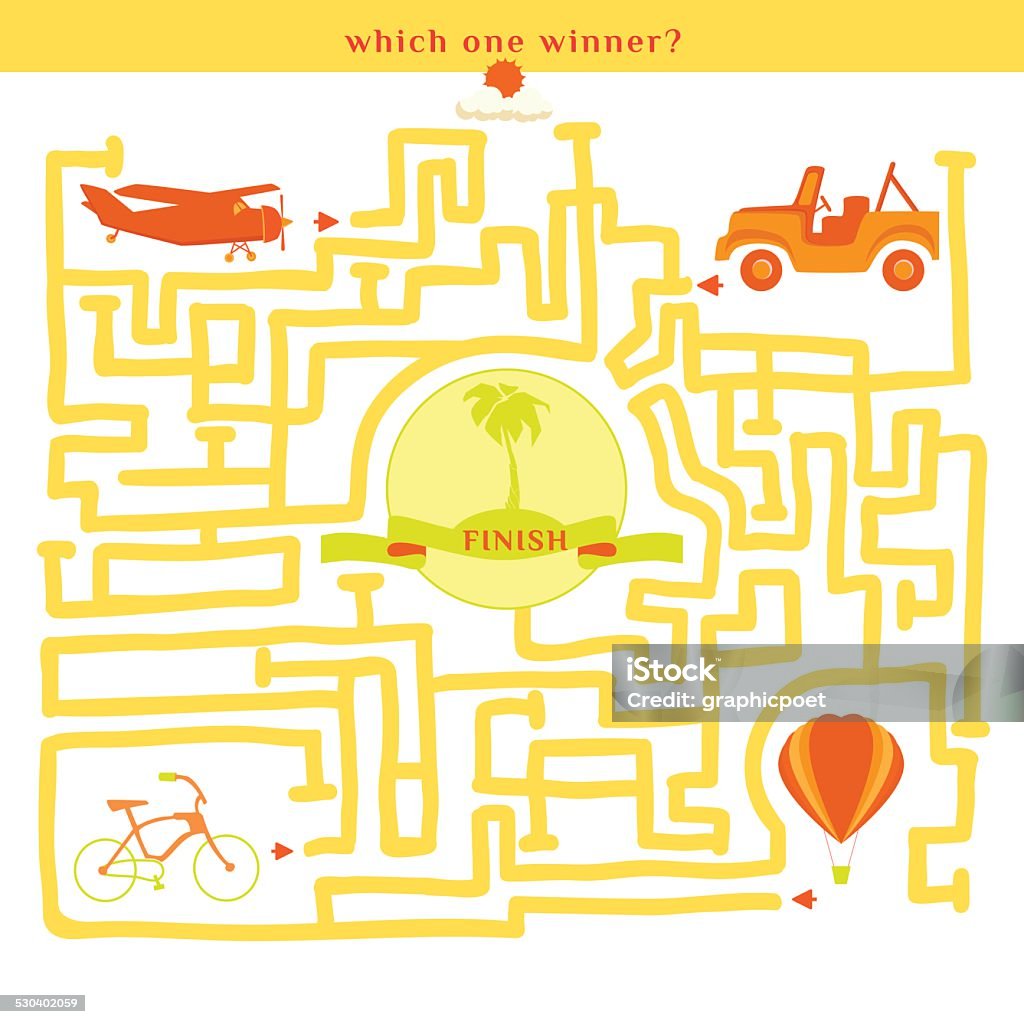 Rebus vector. Funny labyrinth with bike car plane balloon. Rebus vector. Funny labyrinth with bike car plane balloon. Find out which one winner. Cartoon puzzle. Maze stock vector