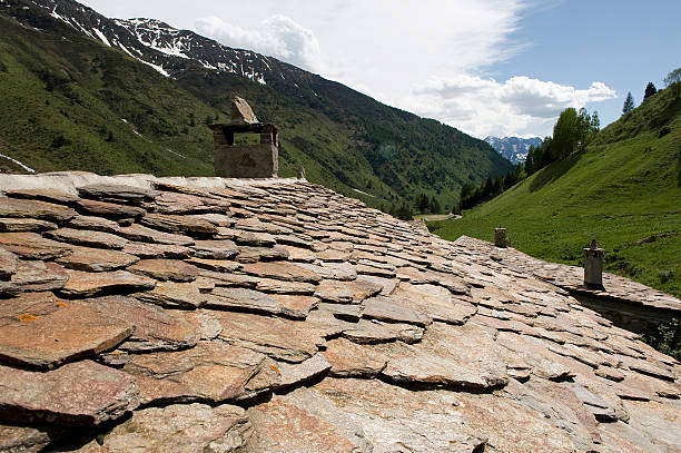 Valley of Viso (Bs),  Valcamonica, Italy, the Valley of Viso.typical small rural village with the special slate-roofed houses of the eighteenth century