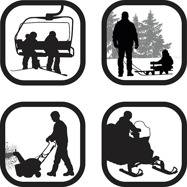 ilustraciones, imágenes clip art, dibujos animados e iconos de stock de winterequipment - snowmobiling silhouette vector sport