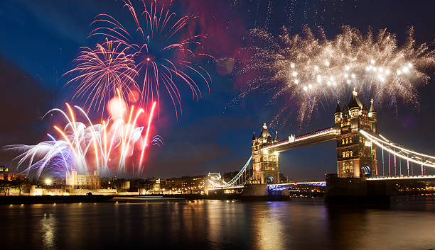istock Tower bridge with fireworks, London 530405819