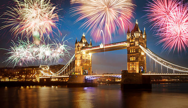 istock Tower bridge with fireworks, London 530405823