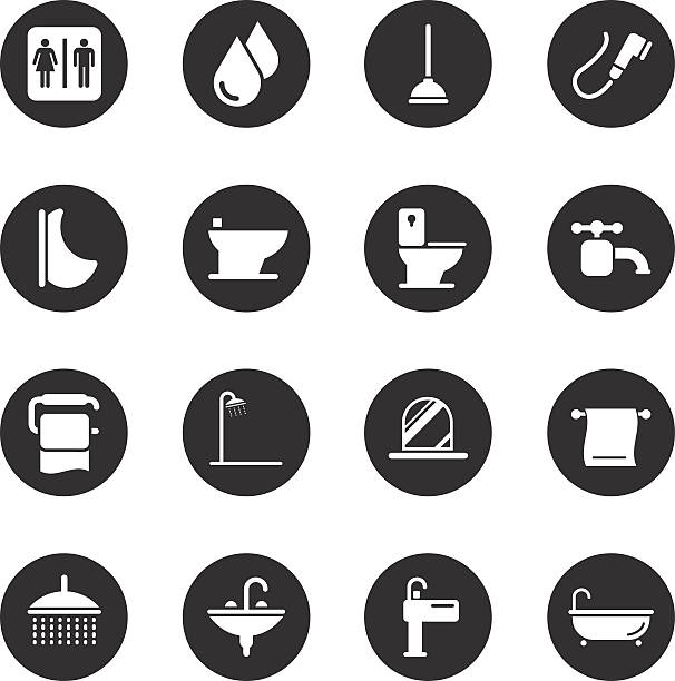 욕실 및 요실 아이콘-블랙 서클 시리즈 - shower head falling water bathroom water stock illustrations