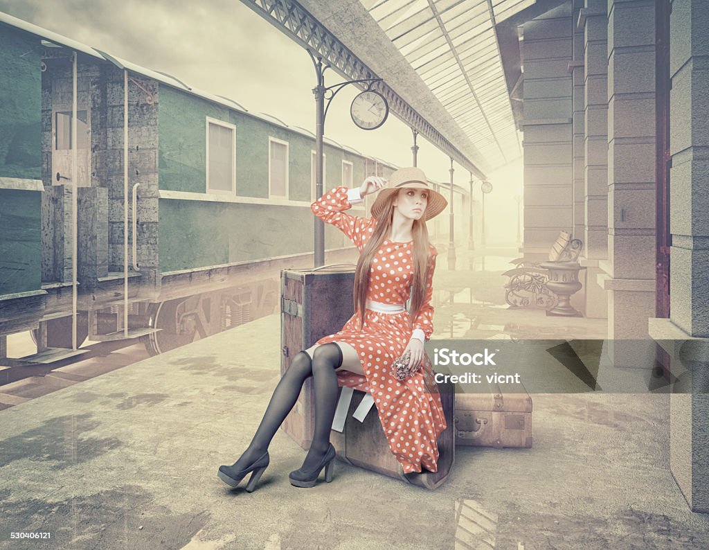 The girl sitting on the suitcase The girl sitting on the suitcase waiting at the retro railway station. Vintage color cards style. 3d elements Retro Style Stock Photo