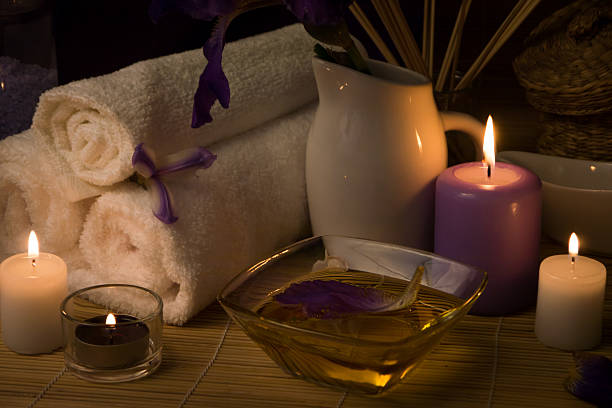 istock Close-up. Spa still life. Sea salt bath, candles 530410468