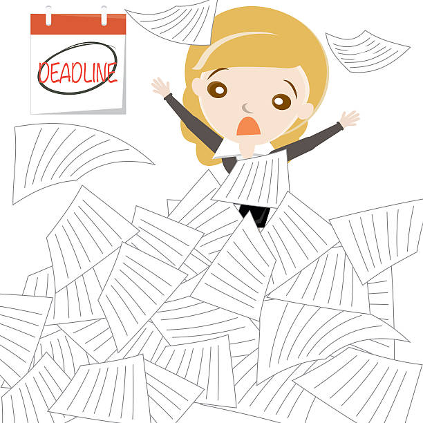 ilustraciones, imágenes clip art, dibujos animados e iconos de stock de mujer de historieta de disipación de sobrecarga de papel de trabajo. - document paper paperwork buried