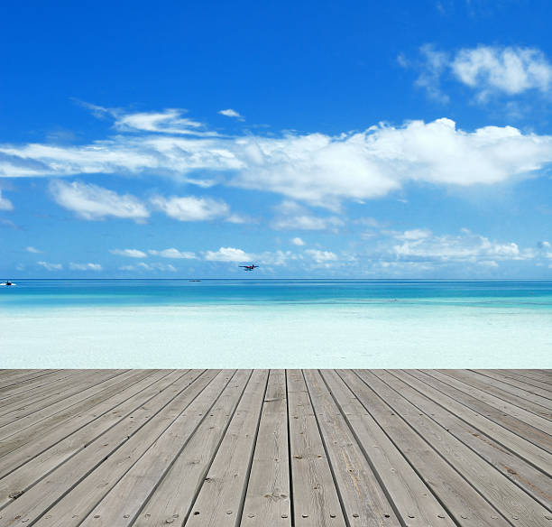 istock Empty wooden jetty beside tropical lagoon 530413361