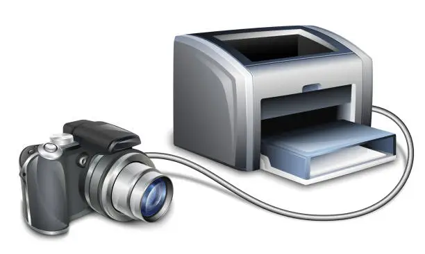 Vector illustration of Digital camera connected to laser printer