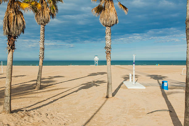 Big long shot of a lifeguard post in the beach. stock photo