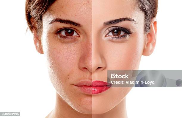 Comparison Portrait Of A Girl Without And With Makeup On Stock Photo - Download Image Now