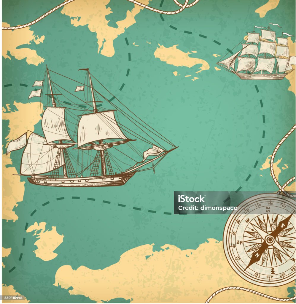 Ancient map with ships and compass Vintage vector map with sailing vessels. Ancient map with ships and compass. EPS 10 file, contains transparencies. Marine Compass stock vector