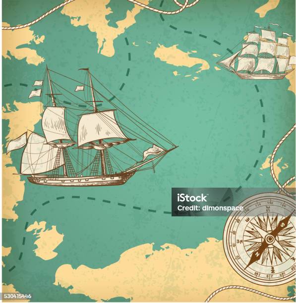 Ancient Map With Ships And Compass Stock Illustration - Download Image Now - Marine Compass, Adventure, Ancient