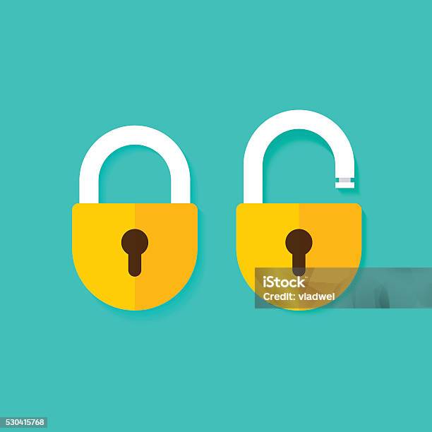 Lock Open And Closed Vector Icons Isolated On Blue Background Stockvectorkunst en meer beelden van Hangslot