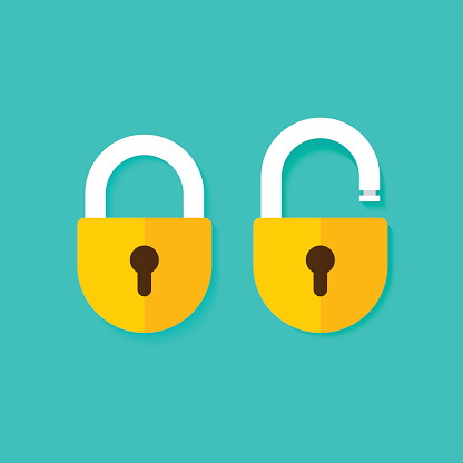 Lock open and lock closed vector icons isolated on blue background, yellow padlocks shapes illustration, flat cartoon locks set design
