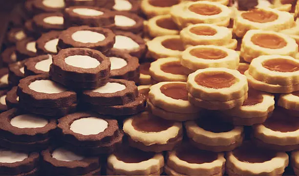 Chocolate cookies and almond cookies, sweets in the italian confectionery