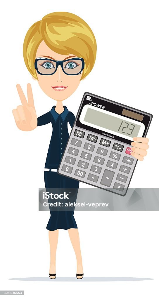 Successful business woman showing victory sign, holding a calculator Successful businesswoman and teacher showing victory sign, holding a calculator. Stock Vector illustration Adult stock vector