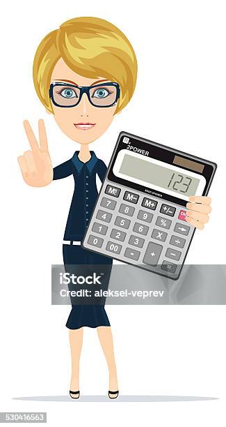 Successful Business Woman Showing Victory Sign Holding A Calculator Stock Illustration - Download Image Now
