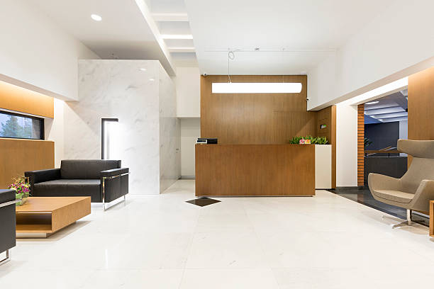 istock Reception area with wooden reception desk 530416566