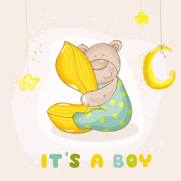 baby dusche oder ankunft karte mit baby bär - baby congratulating toy birthday stock-grafiken, -clipart, -cartoons und -symbole