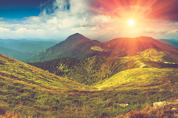 istock Beautiful panoramic mountain landscape at sunset. 530419754