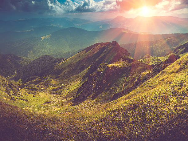 istock Beautiful panoramic mountain landscape at sunset. 530420034