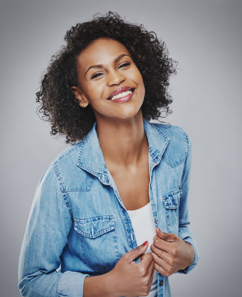 istock Pretty laughing woman in blue denim 530420164