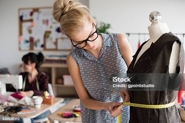 Blonde Woman Creating With Big Care Stock Photo - Download Image Now - Tailor, Fashion Designer, Sewing