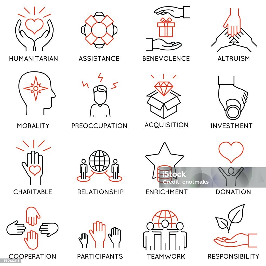 Altruism, Benevolence Icons - part 1 Vector set of 16 thin icons related to altruism, benevolence, human responsible and beneficence. Altruism, Benevolence Icons. Mono line pictograms and infographics design elements - part 1 Icon Symbol stock vector