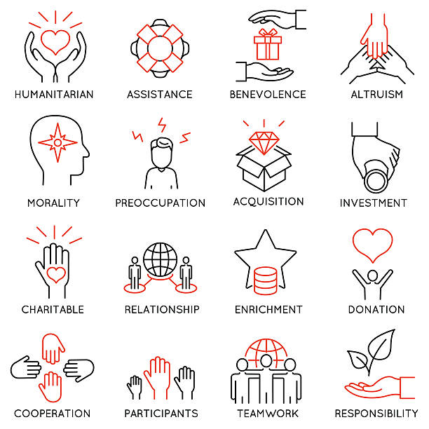 Altruism, Benevolence Icons - part 1 Vector set of 16 thin icons related to altruism, benevolence, human responsible and beneficence. Altruism, Benevolence Icons. Mono line pictograms and infographics design elements - part 1 contributor stock illustrations