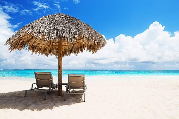 istock Beach chairs with umbrella and beautiful sand beach 530422972