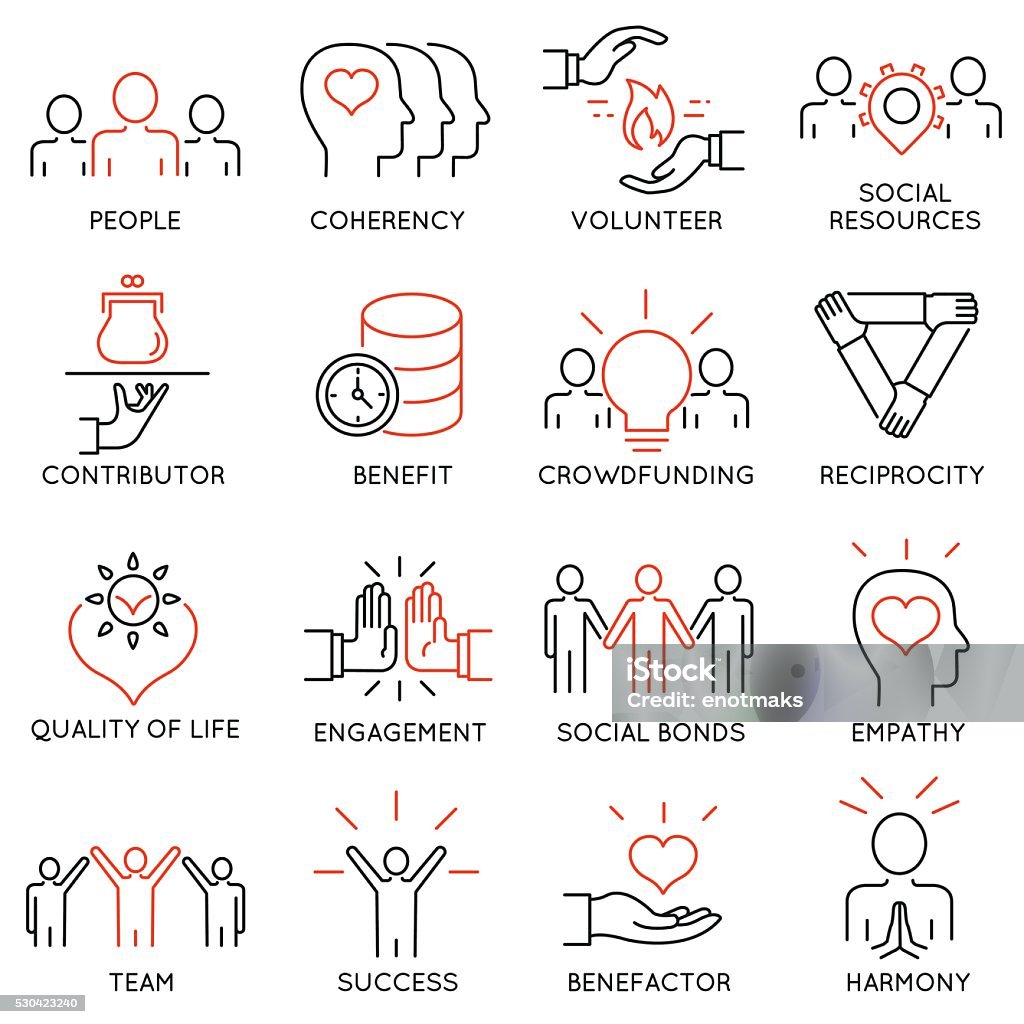 Altruism, Benevolence Icons - part 2 Vector set of 16 thin icons related to altruism, benevolence, human responsible and beneficence. Altruism, Benevolence Icons. Mono line pictograms and infographics design elements - part 2 Icon Symbol stock vector