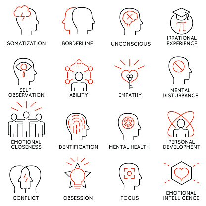 Vector set of 16 modern thin line icons related to mental features of human brain process, mental disorders. Simple Mono line pictograms and infographics design elements and symbols - part 1