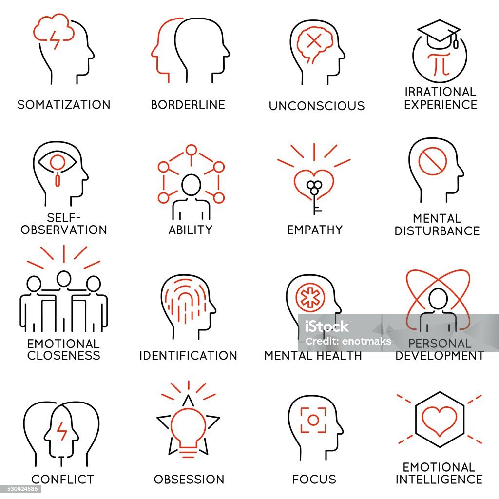 Mental features of human brain process, mental disorders - part 1 Vector set of 16 modern thin line icons related to mental features of human brain process, mental disorders. Simple Mono line pictograms and infographics design elements and symbols - part 1 Icon Symbol stock vector