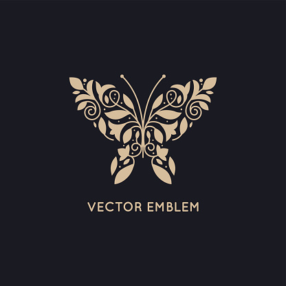 Vector abstract logo design template and emblem - butterfly silhouette made with leaves and flowers - concepts and symobls for cosmetics, beauty and florist services - butterfly illustration for print or packaging