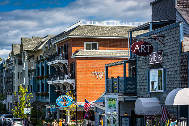 Businesses on West Street in downtown Bar Harbor, Maine. stock photo