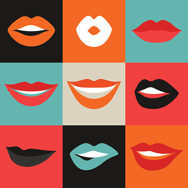 Female lips set. Mouths with red lipstick in variety of Female lips set. Mouths with red lipstick in variety of expressions. Objects for decoration, design on advertising booklets, banners, flayers. laughing illustrations stock illustrations