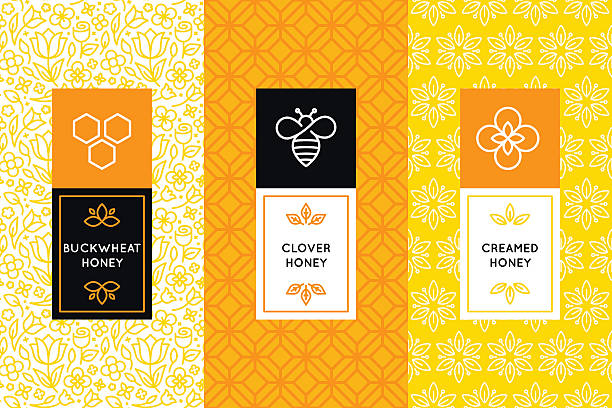 Vector logo and packaging design templates in trendy Vector logo and packaging design templates in trendy linear style - natural and farm honey packaging - labels and tags with floral seamless patterns bee patterns stock illustrations