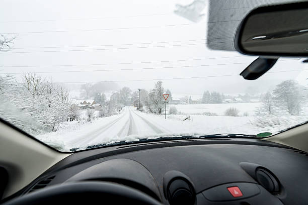 불빛들과 얼음으로 둘러싸인, 컨트리 로드 주행 - drivers point of view country road snowing blizzard 뉴스 사진 이미지