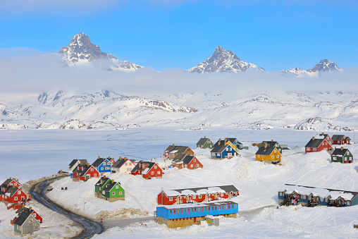 Wintertime with colorful houses in Tasiilaq, East Greenland