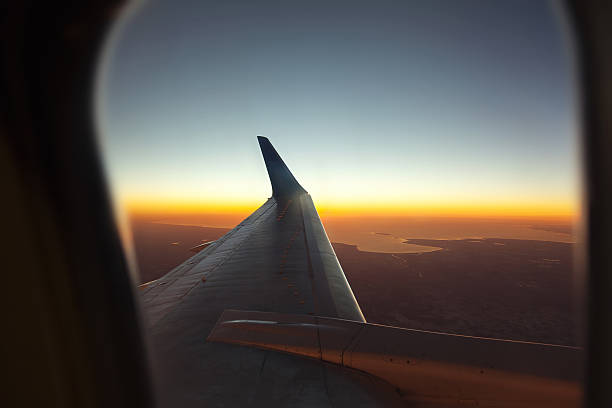 istock Wing of the plane on blue sky 530430544