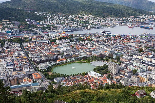 View of Bergen, Norway from the mountain of Fløyen A part of city centre of Bergen, Norway, as seen from the mountain. fløyen stock pictures, royalty-free photos & images