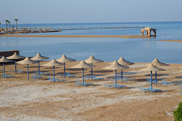 istock Blue beach chairs and sun umbrellas on sand 530432348